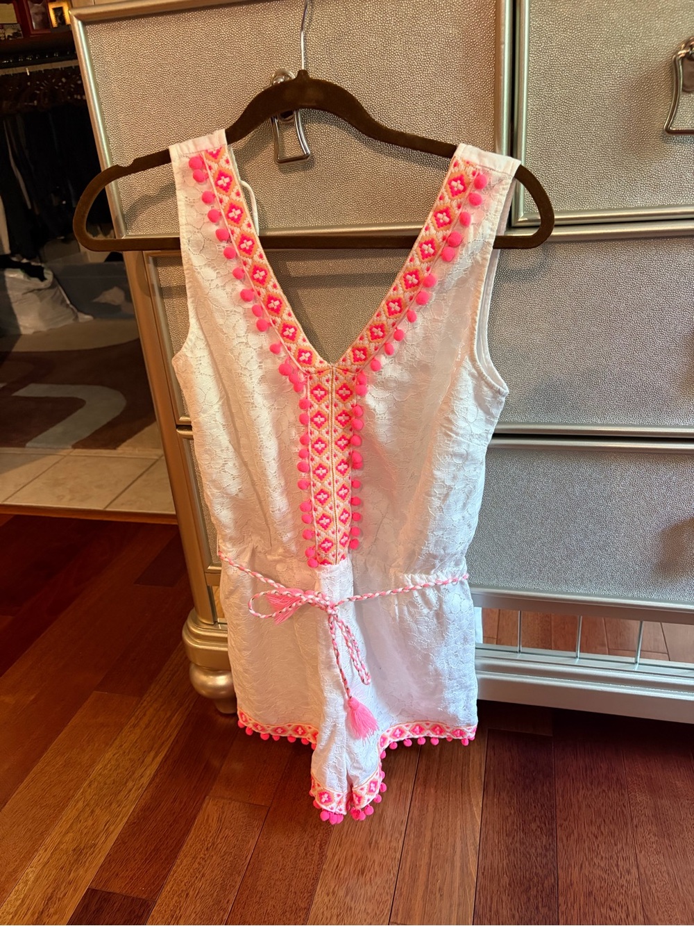 Venus Romper Pom Pom White Pink Boho Cotton Sz 2